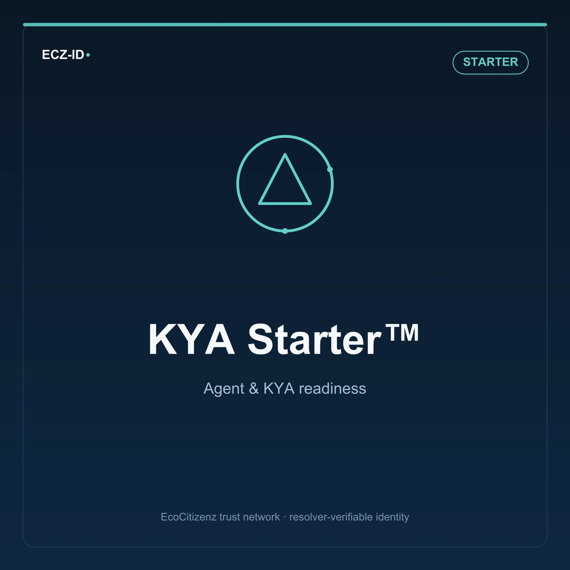 ECZ-ID product image for “KYA Starter™” (SKU ECZ-BUNDLE-KYA-STARTER), Starter tier. Agent & KYA readiness. Shows the ECZ-ID wordmark and an abstract agent kya family symbol on a dark EcoCitizenz background.