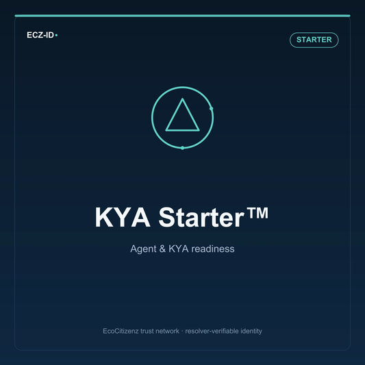 ECZ-ID product image for “KYA Starter™” (SKU ECZ-BUNDLE-KYA-STARTER), Starter tier. Agent & KYA readiness. Shows the ECZ-ID wordmark and an abstract agent kya family symbol on a dark EcoCitizenz background.