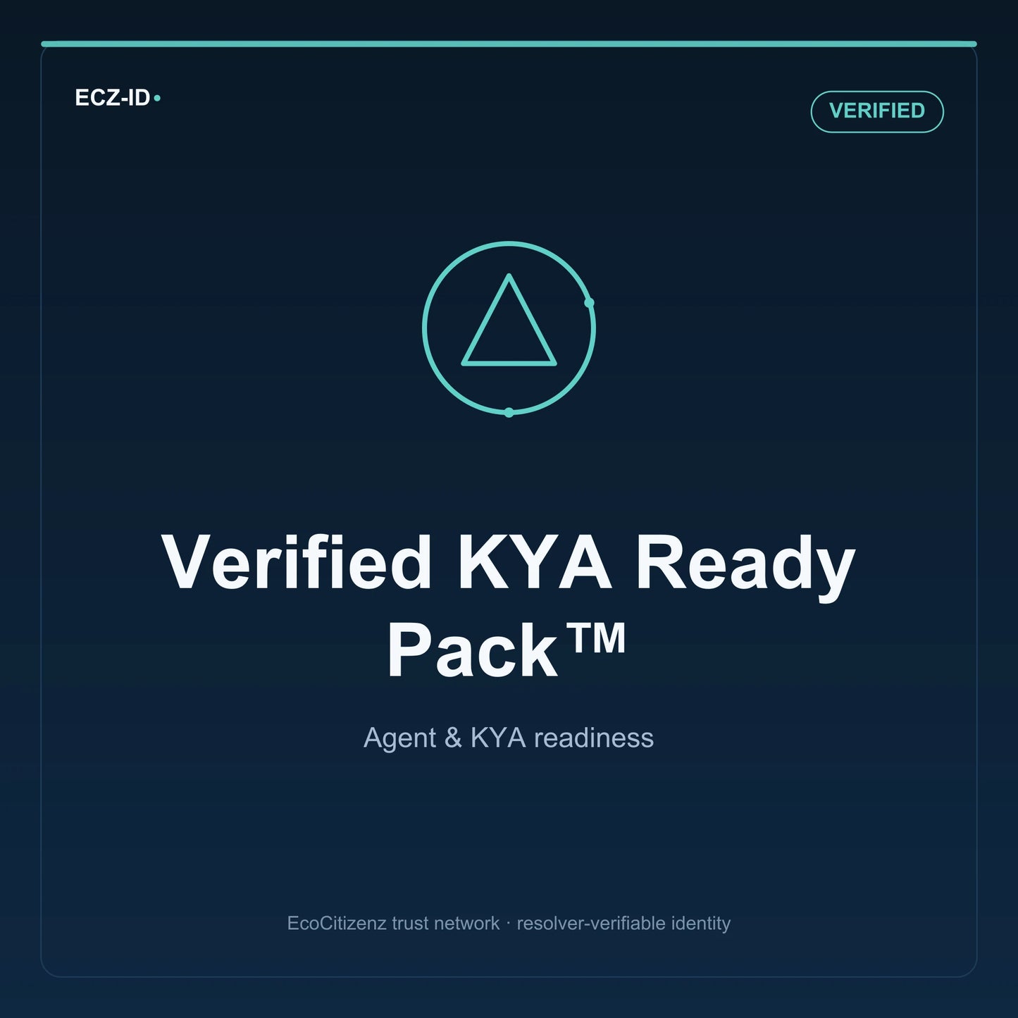 ECZ-ID product image for “Verified KYA Ready Pack™” (SKU ECZ-BUNDLE-KYA-VERIFIED), Verified tier. Agent & KYA readiness. Shows the ECZ-ID wordmark and an abstract agent kya family symbol on a dark EcoCitizenz background.