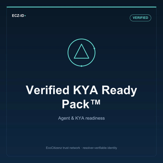 ECZ-ID product image for “Verified KYA Ready Pack™” (SKU ECZ-BUNDLE-KYA-VERIFIED), Verified tier. Agent & KYA readiness. Shows the ECZ-ID wordmark and an abstract agent kya family symbol on a dark EcoCitizenz background.