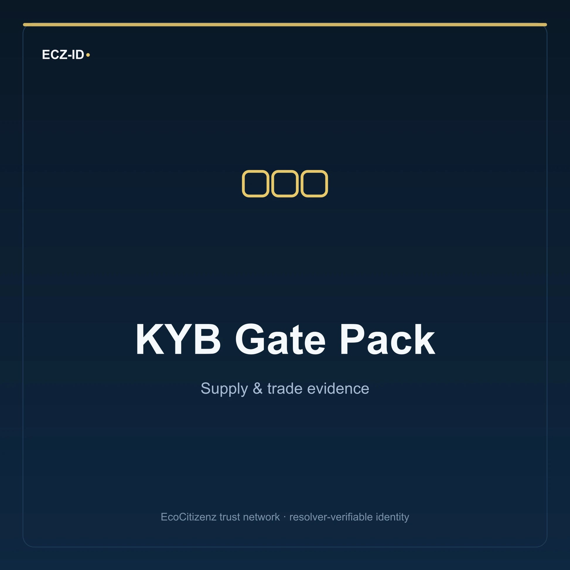 ECZ-ID product image for “KYB Gate Pack” (SKU ECZ-BUNDLE-KYB-GATE). Supply & trade evidence. Shows the ECZ-ID wordmark and an abstract supply evidence family symbol on a dark EcoCitizenz background.