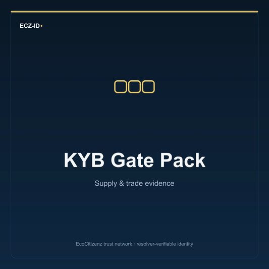 ECZ-ID product image for “KYB Gate Pack” (SKU ECZ-BUNDLE-KYB-GATE). Supply & trade evidence. Shows the ECZ-ID wordmark and an abstract supply evidence family symbol on a dark EcoCitizenz background.