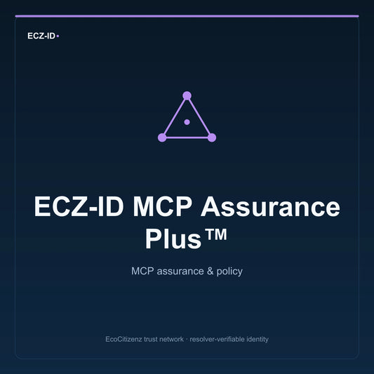 ECZ-ID product image for “ECZ-ID MCP Assurance Plus™” (SKU ECZ-BUNDLE-MCP-ASSURANCE-PLUS). MCP assurance & policy. Shows the ECZ-ID wordmark and an abstract mcp family symbol on a dark EcoCitizenz background.