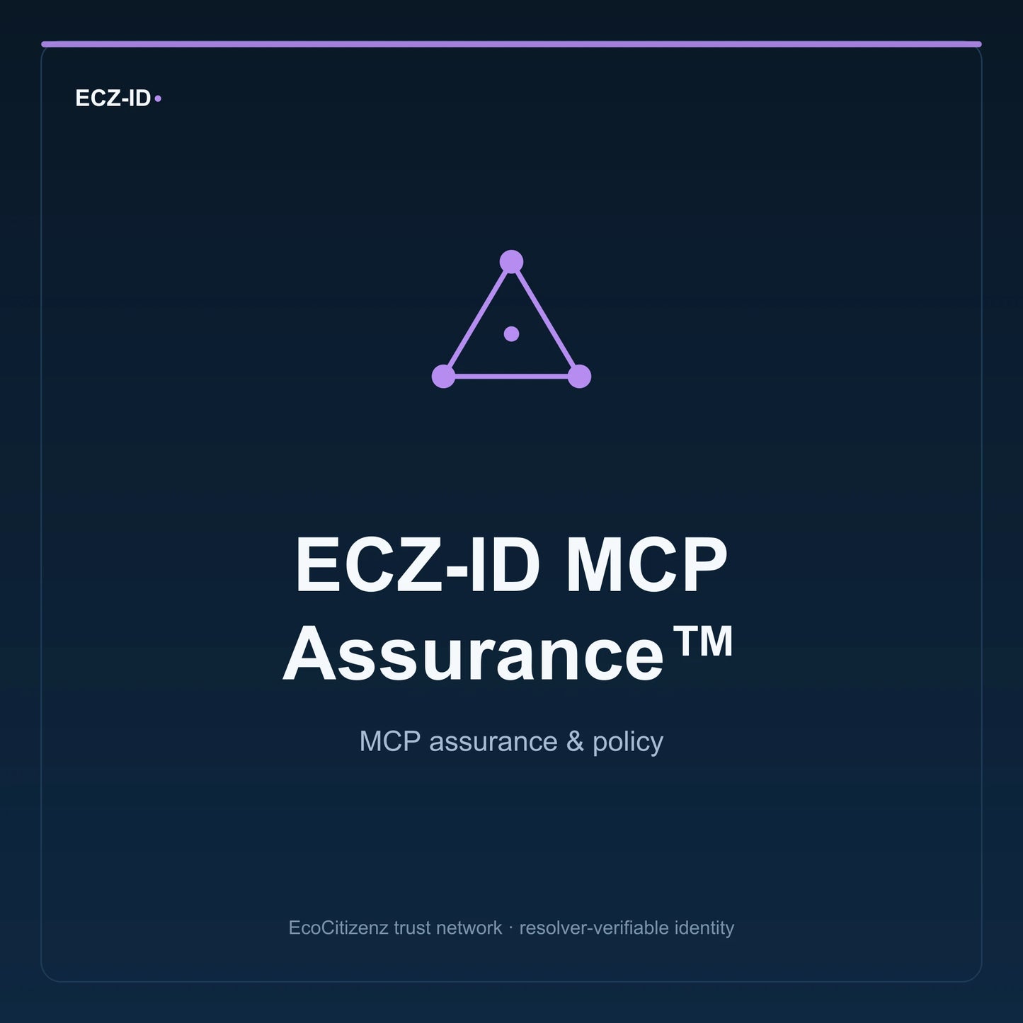 ECZ-ID product image for “ECZ-ID MCP Assurance™” (SKU ECZ-BUNDLE-MCP-ASSURANCE). MCP assurance & policy. Shows the ECZ-ID wordmark and an abstract mcp family symbol on a dark EcoCitizenz background.