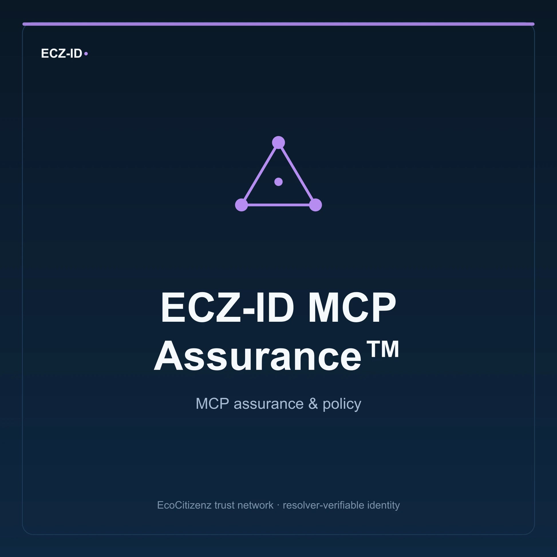 ECZ-ID product image for “ECZ-ID MCP Assurance™” (SKU ECZ-BUNDLE-MCP-ASSURANCE). MCP assurance & policy. Shows the ECZ-ID wordmark and an abstract mcp family symbol on a dark EcoCitizenz background.