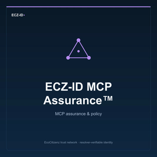 ECZ-ID product image for “ECZ-ID MCP Assurance™” (SKU ECZ-BUNDLE-MCP-ASSURANCE). MCP assurance & policy. Shows the ECZ-ID wordmark and an abstract mcp family symbol on a dark EcoCitizenz background.