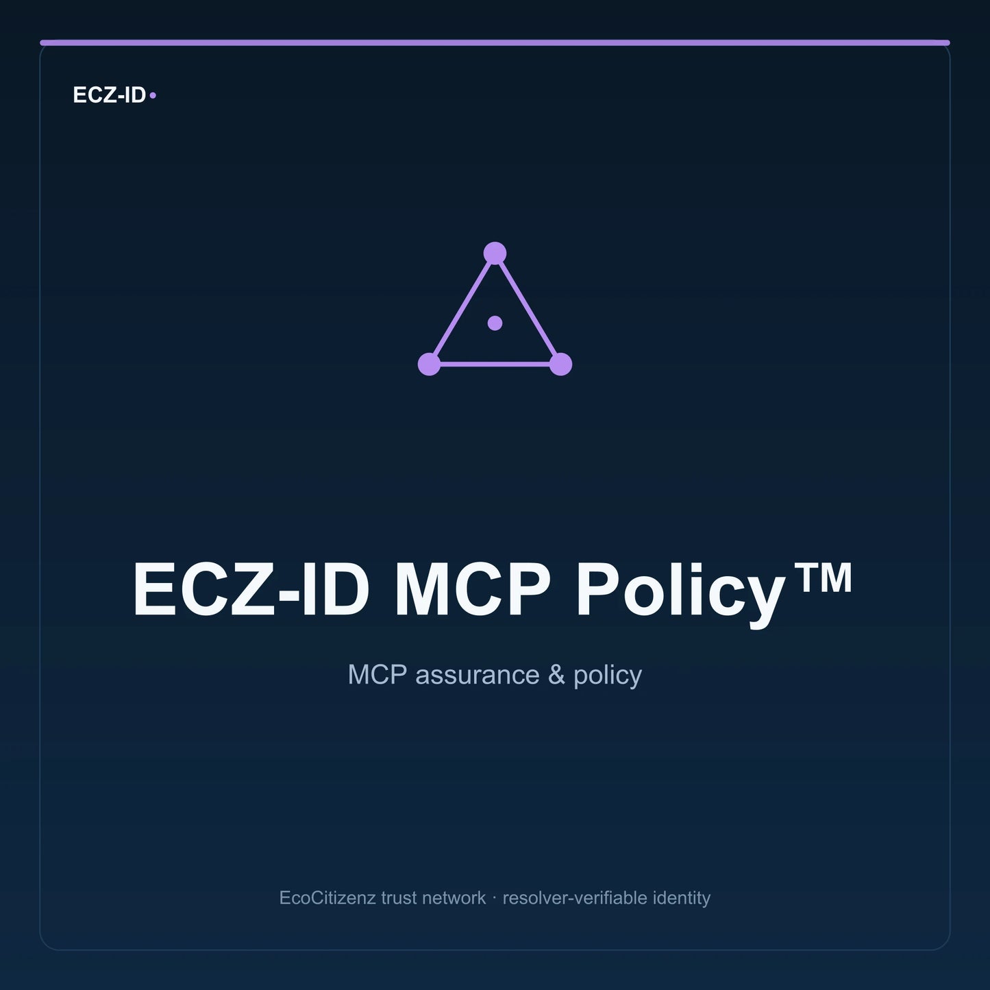 ECZ-ID product image for “ECZ-ID MCP Policy™” (SKU ECZ-BUNDLE-MCP-POLICY). MCP assurance & policy. Shows the ECZ-ID wordmark and an abstract mcp family symbol on a dark EcoCitizenz background.