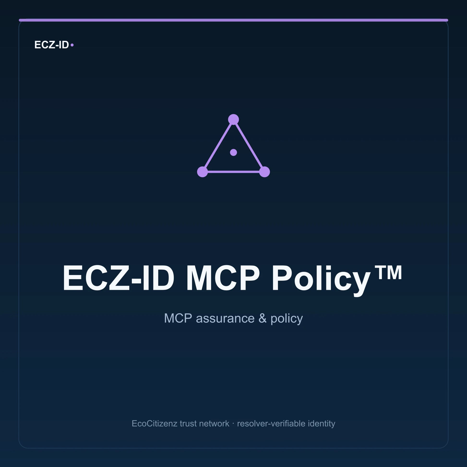 ECZ-ID product image for “ECZ-ID MCP Policy™” (SKU ECZ-BUNDLE-MCP-POLICY). MCP assurance & policy. Shows the ECZ-ID wordmark and an abstract mcp family symbol on a dark EcoCitizenz background.