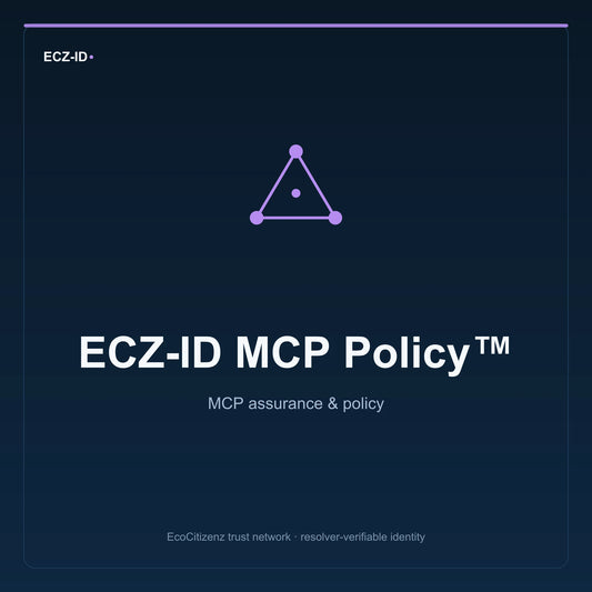 ECZ-ID product image for “ECZ-ID MCP Policy™” (SKU ECZ-BUNDLE-MCP-POLICY). MCP assurance & policy. Shows the ECZ-ID wordmark and an abstract mcp family symbol on a dark EcoCitizenz background.