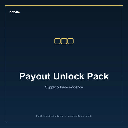 ECZ-ID product image for “Payout Unlock Pack” (SKU ECZ-BUNDLE-PAYOUT-UNLOCK). Supply & trade evidence. Shows the ECZ-ID wordmark and an abstract supply evidence family symbol on a dark EcoCitizenz background.