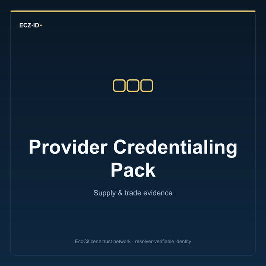 ECZ-ID product image for “Provider Credentialing Pack” (SKU ECZ-BUNDLE-PROVIDER-CREDENTIALING). Supply & trade evidence. Shows the ECZ-ID wordmark and an abstract supply evidence family symbol on a dark EcoCitizenz background.
