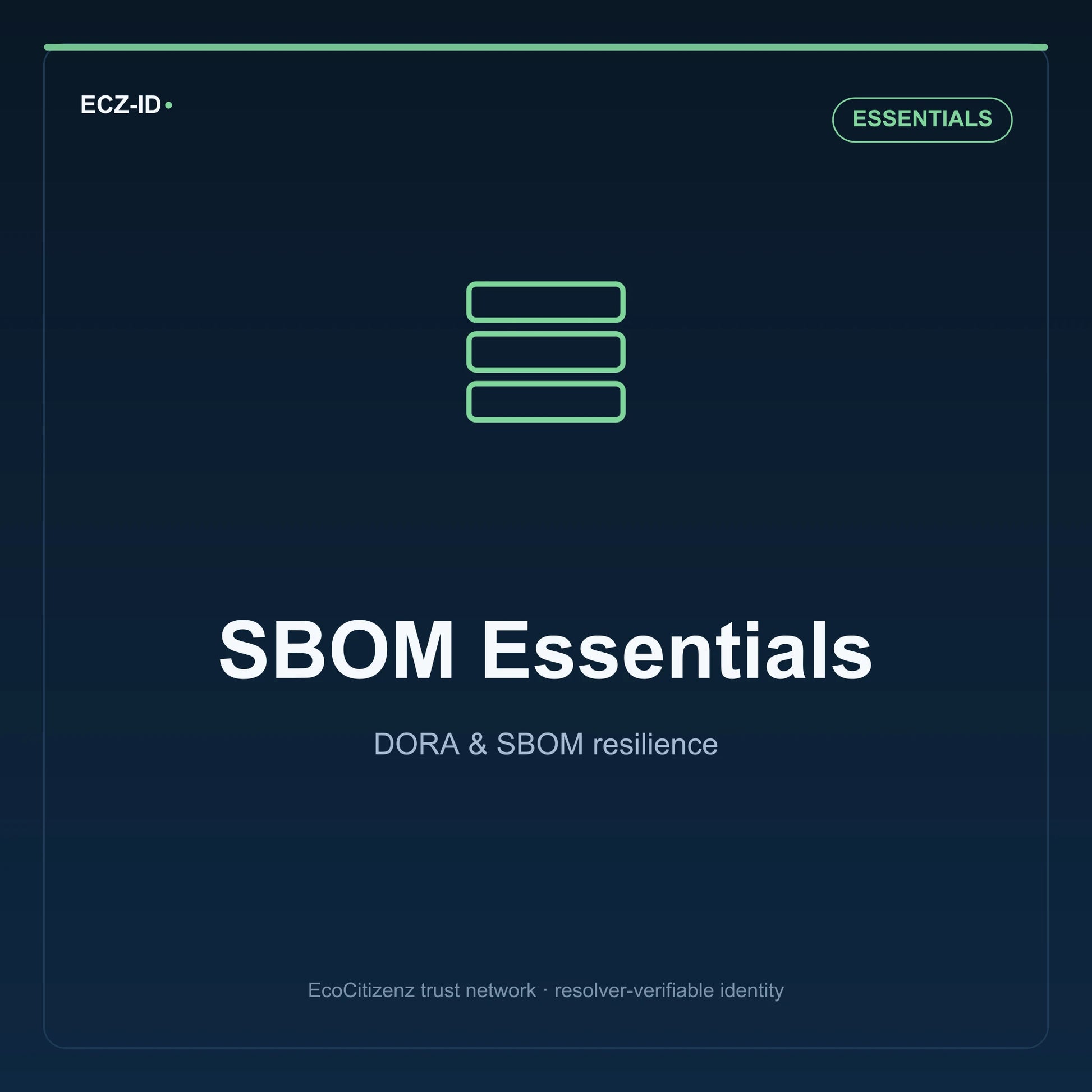 ECZ-ID product image for “SBOM Essentials” (SKU ECZ-BUNDLE-SBOM-LIABILITY), Essentials tier. DORA & SBOM resilience. Shows the ECZ-ID wordmark and an abstract dora sbom family symbol on a dark EcoCitizenz background.