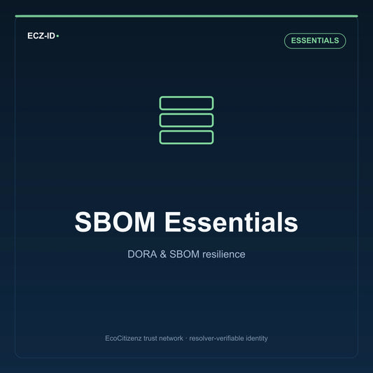 ECZ-ID product image for “SBOM Essentials” (SKU ECZ-BUNDLE-SBOM-LIABILITY), Essentials tier. DORA & SBOM resilience. Shows the ECZ-ID wordmark and an abstract dora sbom family symbol on a dark EcoCitizenz background.