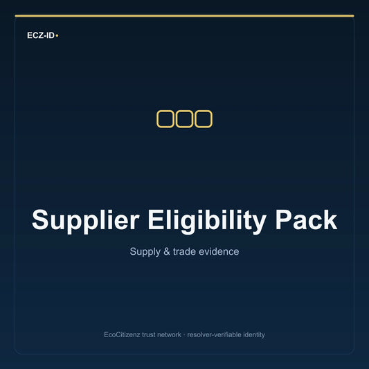 ECZ-ID product image for “Supplier Eligibility Pack” (SKU ECZ-BUNDLE-SUPPLIER-ELIGIBILITY). Supply & trade evidence. Shows the ECZ-ID wordmark and an abstract supply evidence family symbol on a dark EcoCitizenz background.