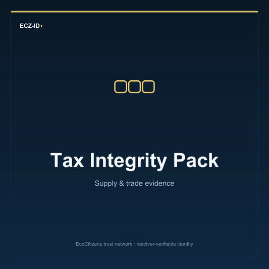 ECZ-ID product image for “Tax Integrity Pack” (SKU ECZ-BUNDLE-TAX-INTEGRITY). Supply & trade evidence. Shows the ECZ-ID wordmark and an abstract supply evidence family symbol on a dark EcoCitizenz background.