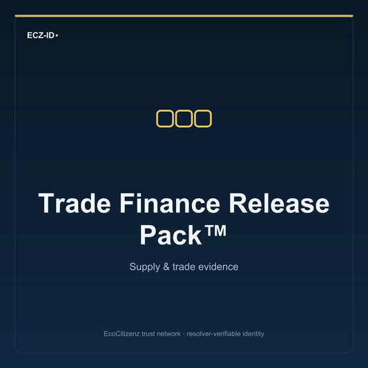 ECZ-ID product image for “Trade Finance Release Pack™” (SKU ECZ-BUNDLE-TRADE-FINANCE-RELEASE). Supply & trade evidence. Shows the ECZ-ID wordmark and an abstract supply evidence family symbol on a dark EcoCitizenz background.