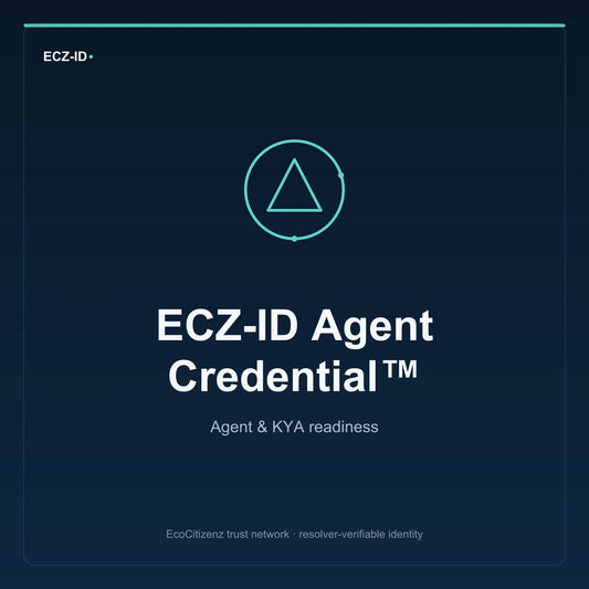 ECZ-ID product image for “ECZ-ID Agent Credential™” (SKU ECZ-CHILD-AGENT-CREDENTIAL). Agent & KYA readiness. Shows the ECZ-ID wordmark and an abstract agent kya family symbol on a dark EcoCitizenz background.