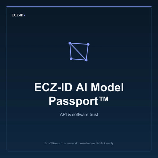 ECZ-ID product image for “ECZ-ID AI Model Passport™” (SKU ECZ-CHILD-AI-MODEL). API & software trust. Shows the ECZ-ID wordmark and an abstract api software family symbol on a dark EcoCitizenz background.