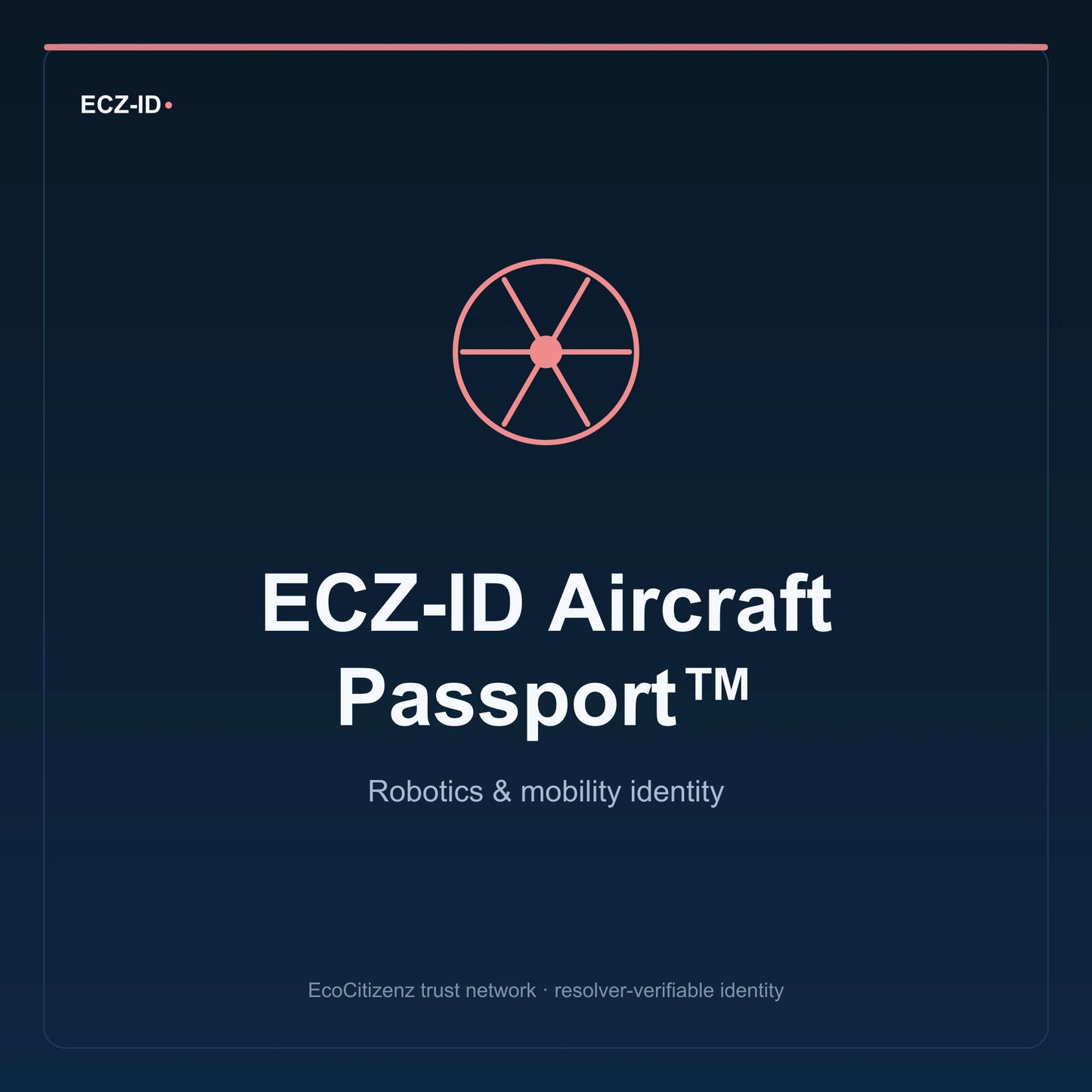 ECZ-ID product image for “ECZ-ID Aircraft Passport™” (SKU ECZ-CHILD-AIRCRAFT). Robotics & mobility identity. Shows the ECZ-ID wordmark and an abstract robotics mobility family symbol on a dark EcoCitizenz background.