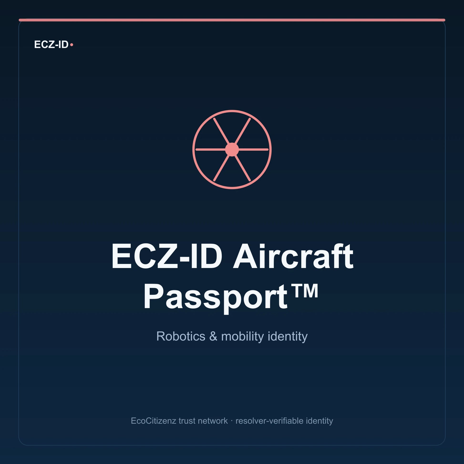 ECZ-ID product image for “ECZ-ID Aircraft Passport™” (SKU ECZ-CHILD-AIRCRAFT). Robotics & mobility identity. Shows the ECZ-ID wordmark and an abstract robotics mobility family symbol on a dark EcoCitizenz background.