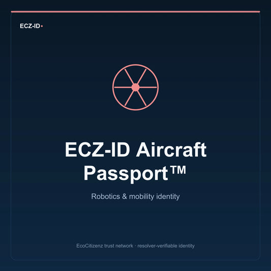 ECZ-ID product image for “ECZ-ID Aircraft Passport™” (SKU ECZ-CHILD-AIRCRAFT). Robotics & mobility identity. Shows the ECZ-ID wordmark and an abstract robotics mobility family symbol on a dark EcoCitizenz background.