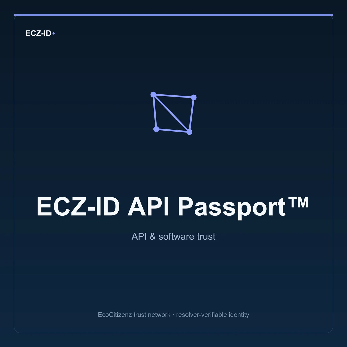 ECZ-ID product image for “ECZ-ID API Passport™” (SKU ECZ-CHILD-API-PASSPORT). API & software trust. Shows the ECZ-ID wordmark and an abstract api software family symbol on a dark EcoCitizenz background.