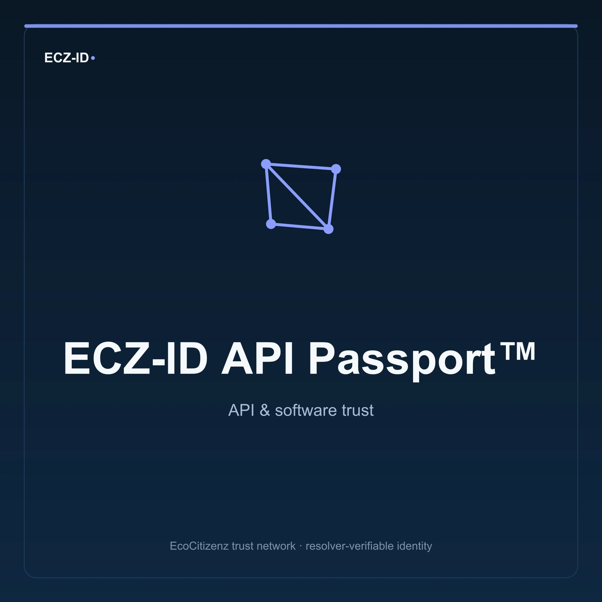 ECZ-ID product image for “ECZ-ID API Passport™” (SKU ECZ-CHILD-API-PASSPORT). API & software trust. Shows the ECZ-ID wordmark and an abstract api software family symbol on a dark EcoCitizenz background.