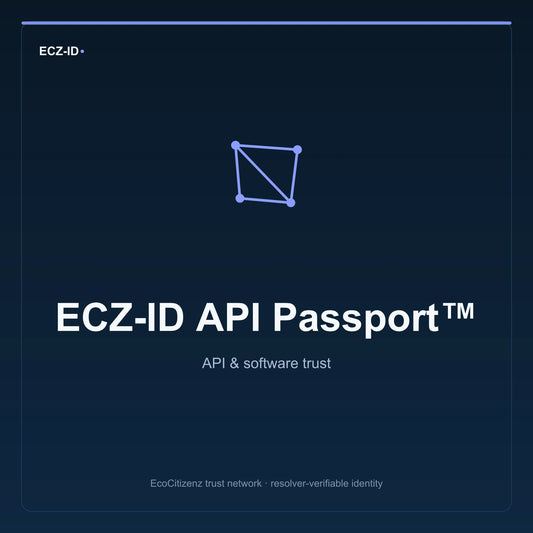 ECZ-ID product image for “ECZ-ID API Passport™” (SKU ECZ-CHILD-API-PASSPORT). API & software trust. Shows the ECZ-ID wordmark and an abstract api software family symbol on a dark EcoCitizenz background.