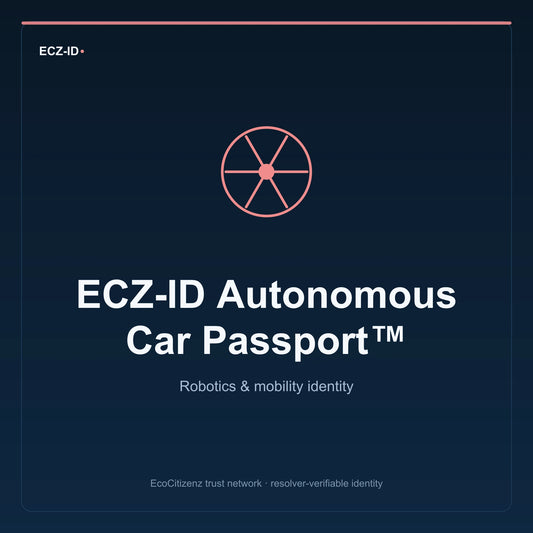 ECZ-ID product image for “ECZ-ID Autonomous Car Passport™” (SKU ECZ-CHILD-AUTONOMOUS-CAR). Robotics & mobility identity. Shows the ECZ-ID wordmark and an abstract robotics mobility family symbol on a dark EcoCitizenz background.