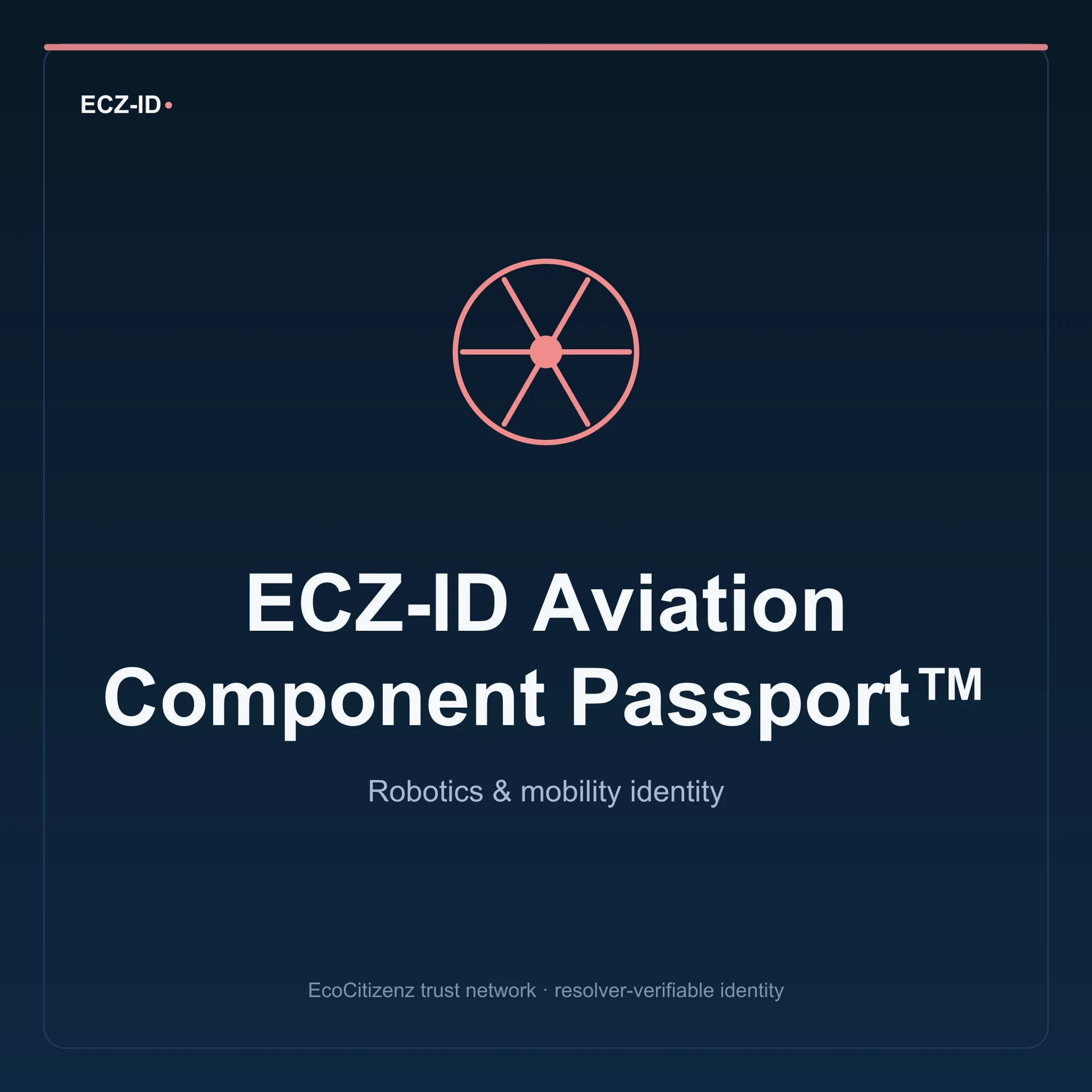 ECZ-ID product image for “ECZ-ID Aviation Component Passport™” (SKU ECZ-CHILD-AVIATION-COMPONENT). Robotics & mobility identity. Shows the ECZ-ID wordmark and an abstract robotics mobility family symbol on a dark EcoCitizenz background.