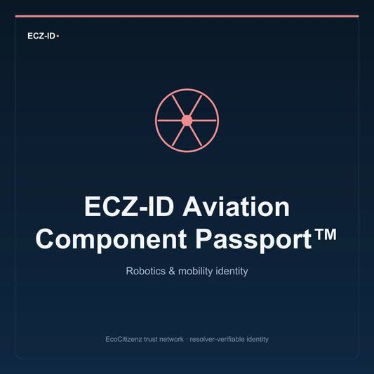 ECZ-ID product image for “ECZ-ID Aviation Component Passport™” (SKU ECZ-CHILD-AVIATION-COMPONENT). Robotics & mobility identity. Shows the ECZ-ID wordmark and an abstract robotics mobility family symbol on a dark EcoCitizenz background.
