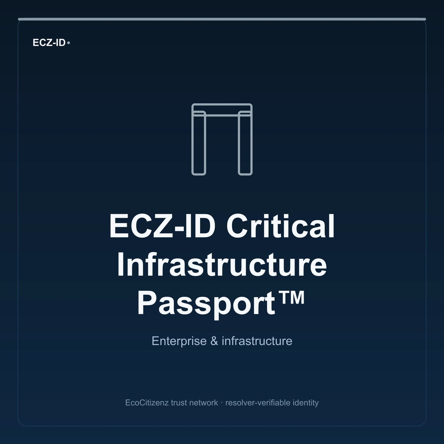 ECZ-ID product image for “ECZ-ID Critical Infrastructure Passport™” (SKU ECZ-CHILD-CRITICAL-INFRASTRUCTURE). Enterprise & infrastructure. Shows the ECZ-ID wordmark and an abstract enterprise corridor family symbol on a dark EcoCitizenz background.