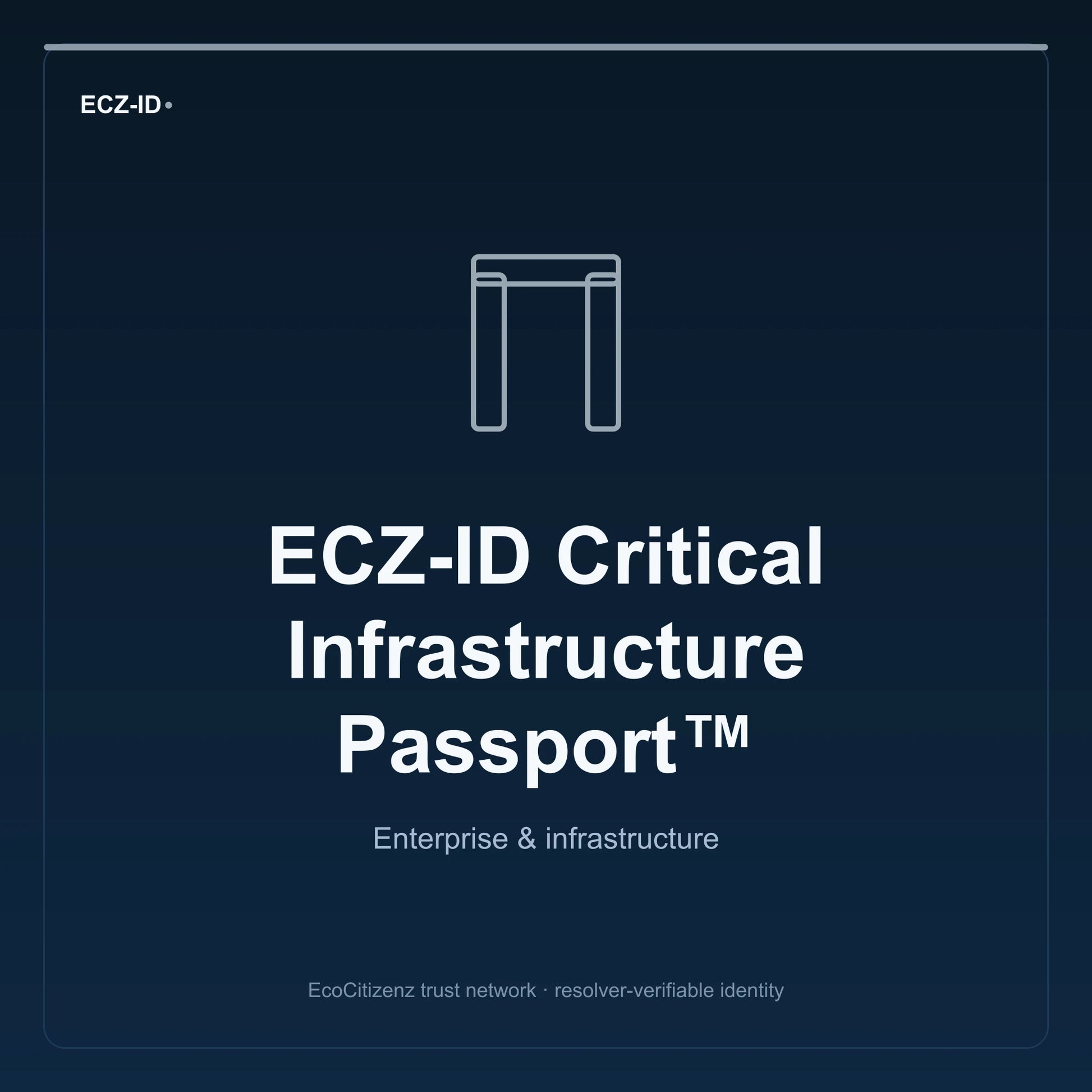 ECZ-ID product image for “ECZ-ID Critical Infrastructure Passport™” (SKU ECZ-CHILD-CRITICAL-INFRASTRUCTURE). Enterprise & infrastructure. Shows the ECZ-ID wordmark and an abstract enterprise corridor family symbol on a dark EcoCitizenz background.