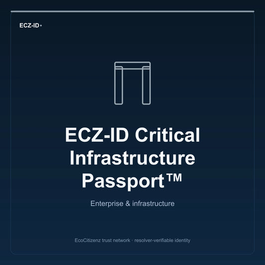 ECZ-ID product image for “ECZ-ID Critical Infrastructure Passport™” (SKU ECZ-CHILD-CRITICAL-INFRASTRUCTURE). Enterprise & infrastructure. Shows the ECZ-ID wordmark and an abstract enterprise corridor family symbol on a dark EcoCitizenz background.