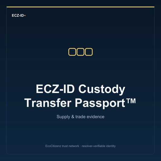 ECZ-ID product image for “ECZ-ID Custody Transfer Passport™” (SKU ECZ-CHILD-CUSTODY-TRANSFER). Supply & trade evidence. Shows the ECZ-ID wordmark and an abstract supply evidence family symbol on a dark EcoCitizenz background.
