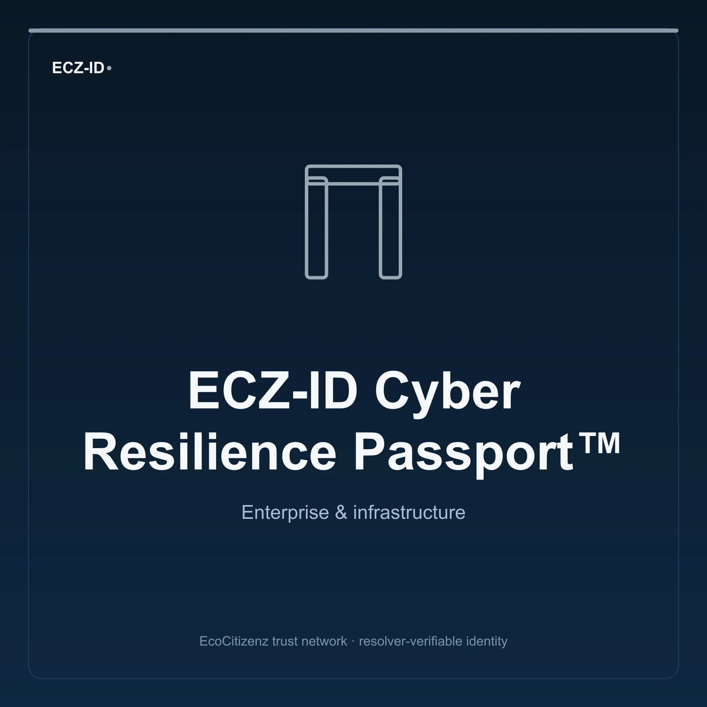 ECZ-ID product image for “ECZ-ID Cyber Resilience Passport™” (SKU ECZ-CHILD-CYBER-RESILIENCE). Enterprise & infrastructure. Shows the ECZ-ID wordmark and an abstract enterprise corridor family symbol on a dark EcoCitizenz background.