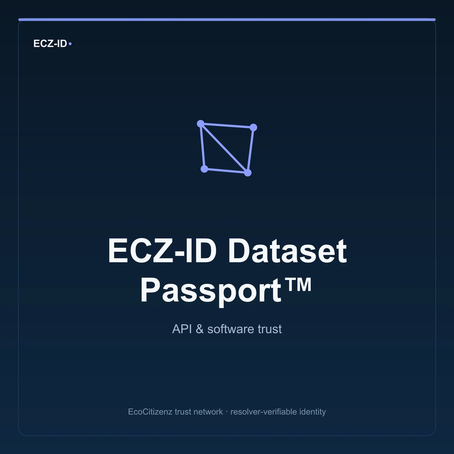 ECZ-ID product image for “ECZ-ID Dataset Passport™” (SKU ECZ-CHILD-DATASET). API & software trust. Shows the ECZ-ID wordmark and an abstract api software family symbol on a dark EcoCitizenz background.