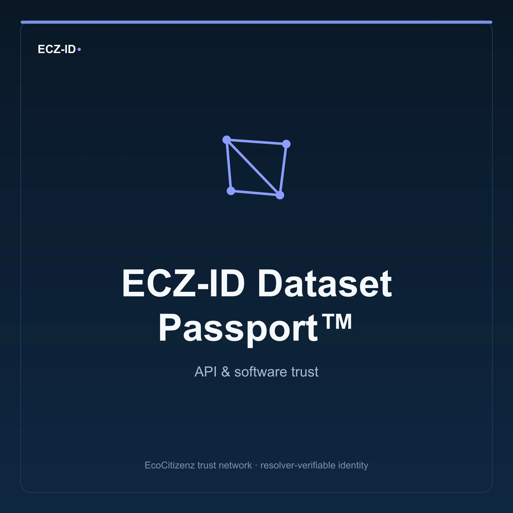 ECZ-ID product image for “ECZ-ID Dataset Passport™” (SKU ECZ-CHILD-DATASET). API & software trust. Shows the ECZ-ID wordmark and an abstract api software family symbol on a dark EcoCitizenz background.