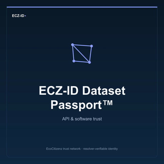 ECZ-ID product image for “ECZ-ID Dataset Passport™” (SKU ECZ-CHILD-DATASET). API & software trust. Shows the ECZ-ID wordmark and an abstract api software family symbol on a dark EcoCitizenz background.