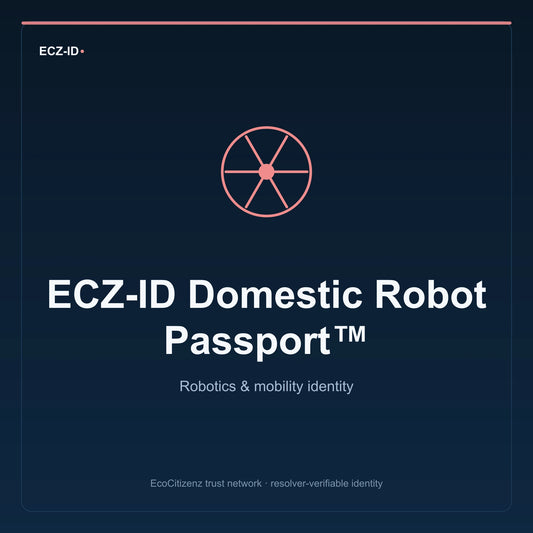 ECZ-ID product image for “ECZ-ID Domestic Robot Passport™” (SKU ECZ-CHILD-DOMESTIC-ROBOT). Robotics & mobility identity. Shows the ECZ-ID wordmark and an abstract robotics mobility family symbol on a dark EcoCitizenz background.