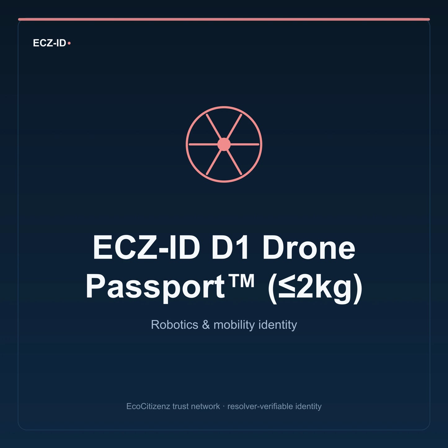 ECZ-ID product image for “ECZ-ID D1 Drone Passport™ (≤2kg)” (SKU ECZ-CHILD-DRONE-D1). Robotics & mobility identity. Shows the ECZ-ID wordmark and an abstract robotics mobility family symbol on a dark EcoCitizenz background.