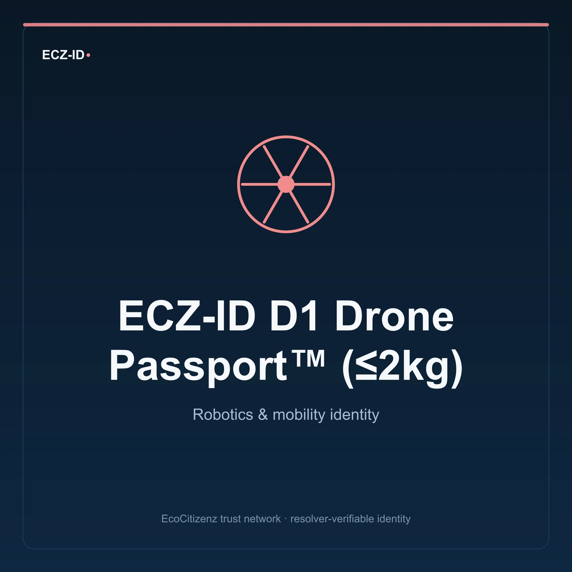 ECZ-ID product image for “ECZ-ID D1 Drone Passport™ (≤2kg)” (SKU ECZ-CHILD-DRONE-D1). Robotics & mobility identity. Shows the ECZ-ID wordmark and an abstract robotics mobility family symbol on a dark EcoCitizenz background.