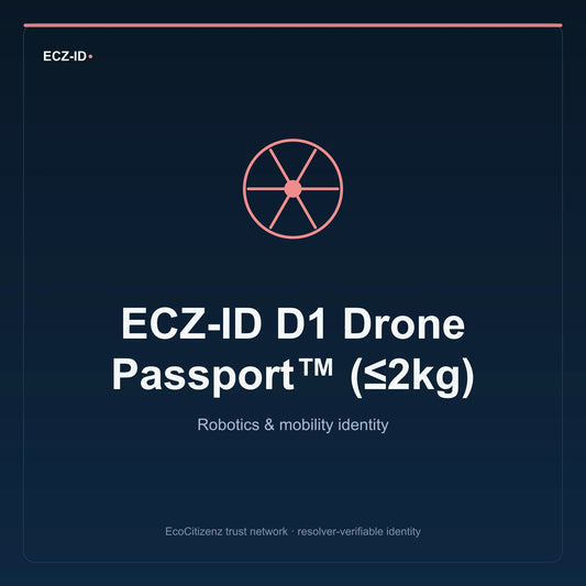 ECZ-ID product image for “ECZ-ID D1 Drone Passport™ (≤2kg)” (SKU ECZ-CHILD-DRONE-D1). Robotics & mobility identity. Shows the ECZ-ID wordmark and an abstract robotics mobility family symbol on a dark EcoCitizenz background.