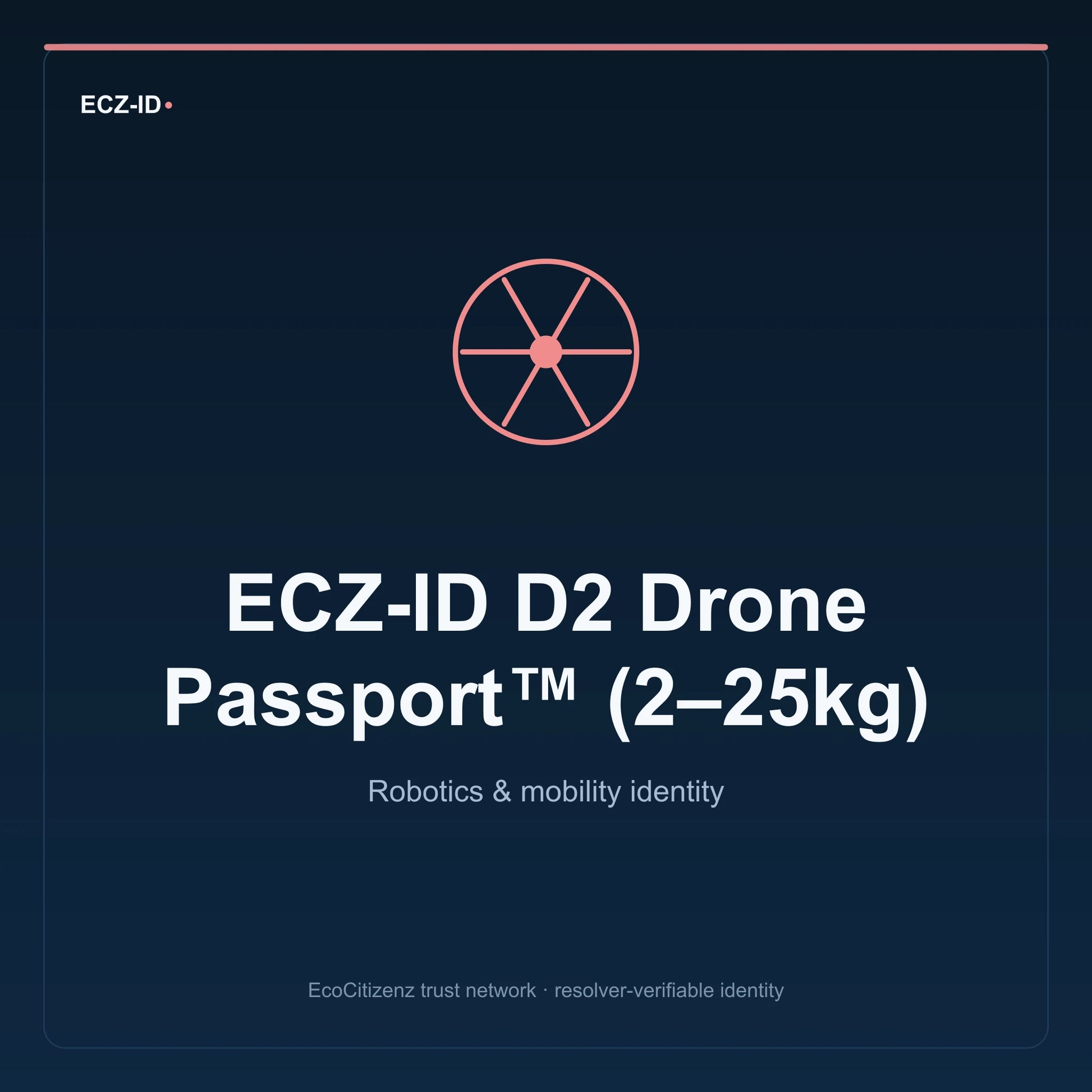 ECZ-ID product image for “ECZ-ID D2 Drone Passport™ (2–25kg)” (SKU ECZ-CHILD-DRONE-D2). Robotics & mobility identity. Shows the ECZ-ID wordmark and an abstract robotics mobility family symbol on a dark EcoCitizenz background.