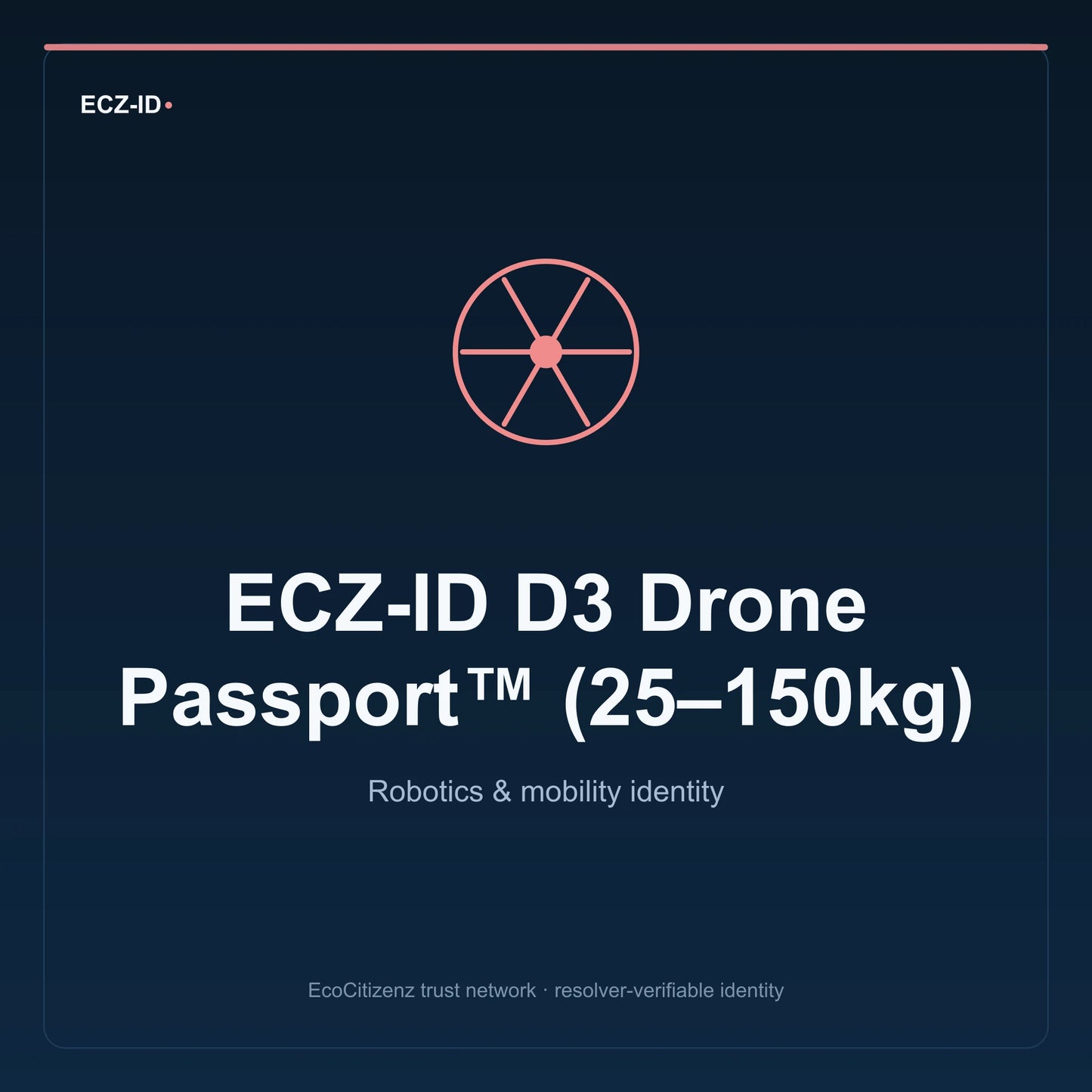 ECZ-ID product image for “ECZ-ID D3 Drone Passport™ (25–150kg)” (SKU ECZ-CHILD-DRONE-D3). Robotics & mobility identity. Shows the ECZ-ID wordmark and an abstract robotics mobility family symbol on a dark EcoCitizenz background.