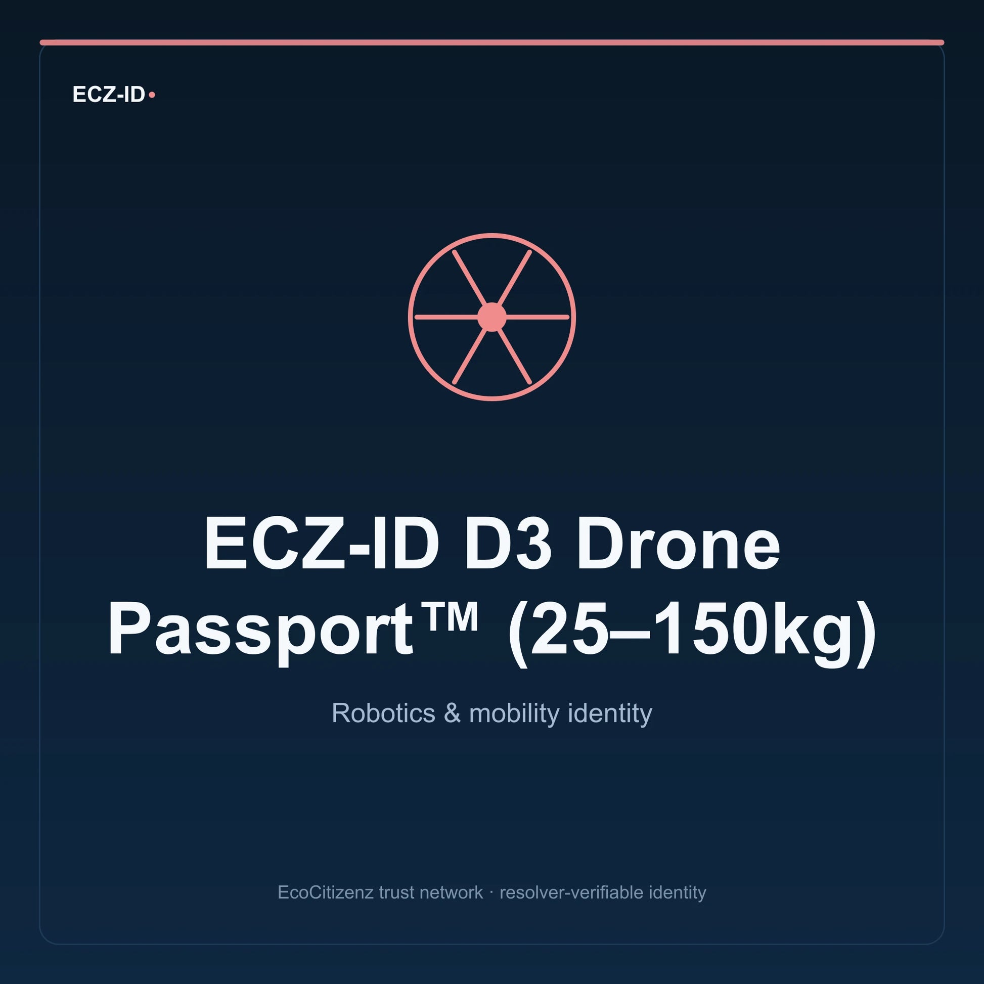 ECZ-ID product image for “ECZ-ID D3 Drone Passport™ (25–150kg)” (SKU ECZ-CHILD-DRONE-D3). Robotics & mobility identity. Shows the ECZ-ID wordmark and an abstract robotics mobility family symbol on a dark EcoCitizenz background.