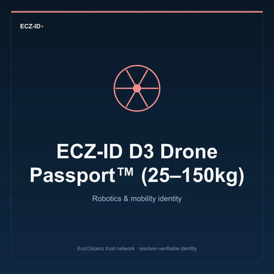 ECZ-ID product image for “ECZ-ID D3 Drone Passport™ (25–150kg)” (SKU ECZ-CHILD-DRONE-D3). Robotics & mobility identity. Shows the ECZ-ID wordmark and an abstract robotics mobility family symbol on a dark EcoCitizenz background.