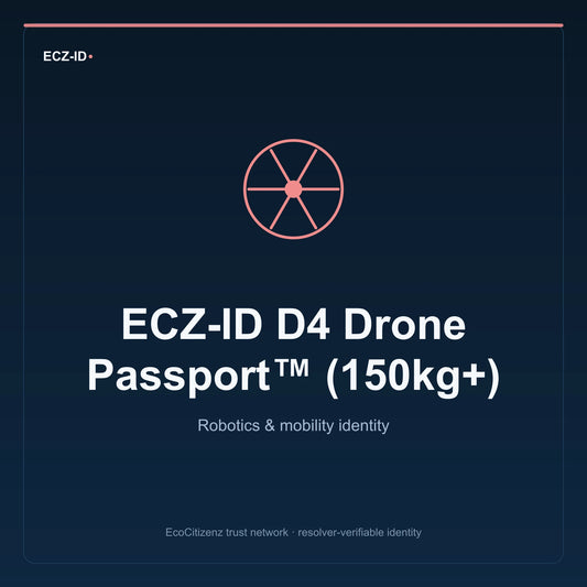 ECZ-ID product image for “ECZ-ID D4 Drone Passport™ (150kg+)” (SKU ECZ-CHILD-DRONE-D4). Robotics & mobility identity. Shows the ECZ-ID wordmark and an abstract robotics mobility family symbol on a dark EcoCitizenz background.