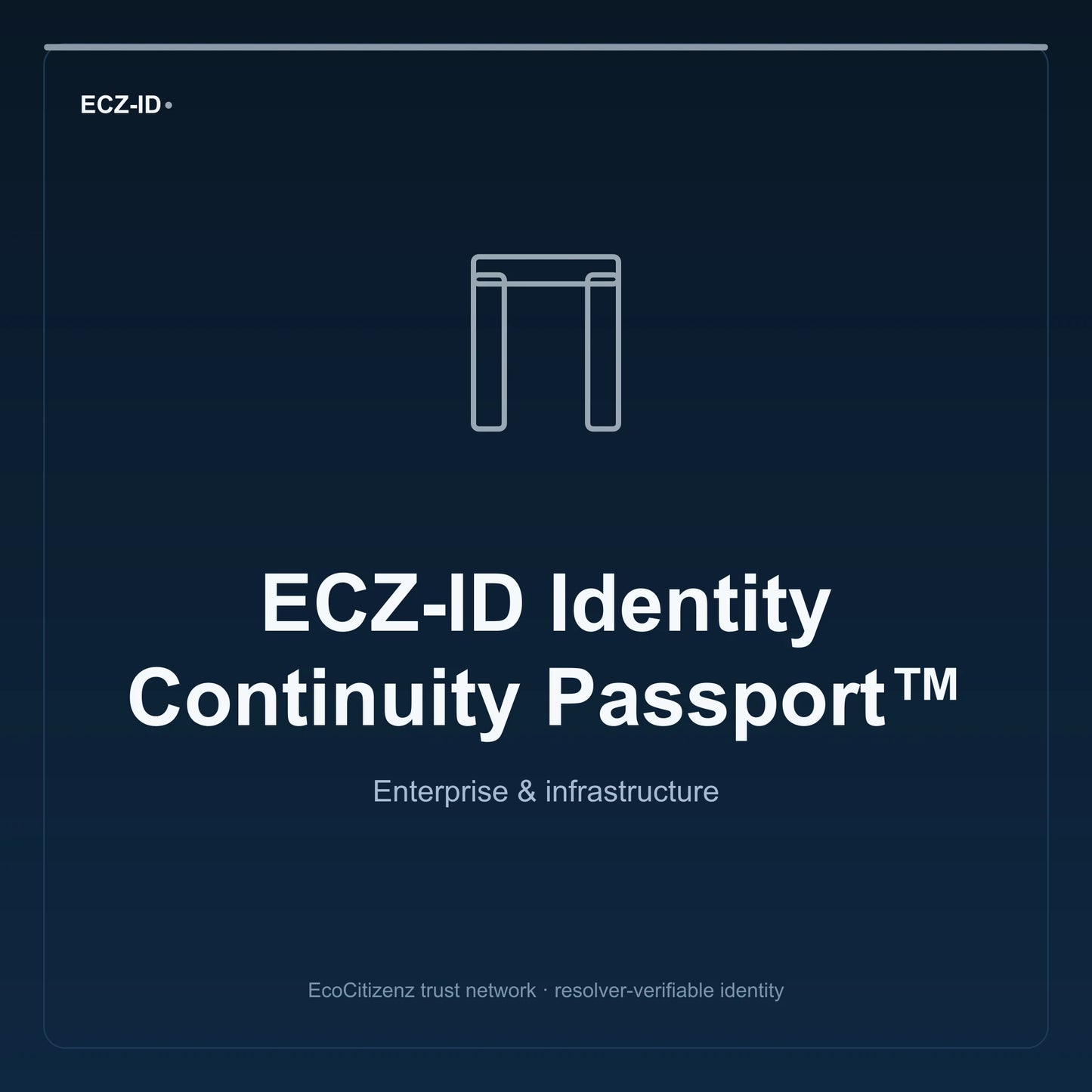 ECZ-ID product image for “ECZ-ID Identity Continuity Passport™” (SKU ECZ-CHILD-IDENTITY-CONTINUITY). Enterprise & infrastructure. Shows the ECZ-ID wordmark and an abstract enterprise corridor family symbol on a dark EcoCitizenz background.