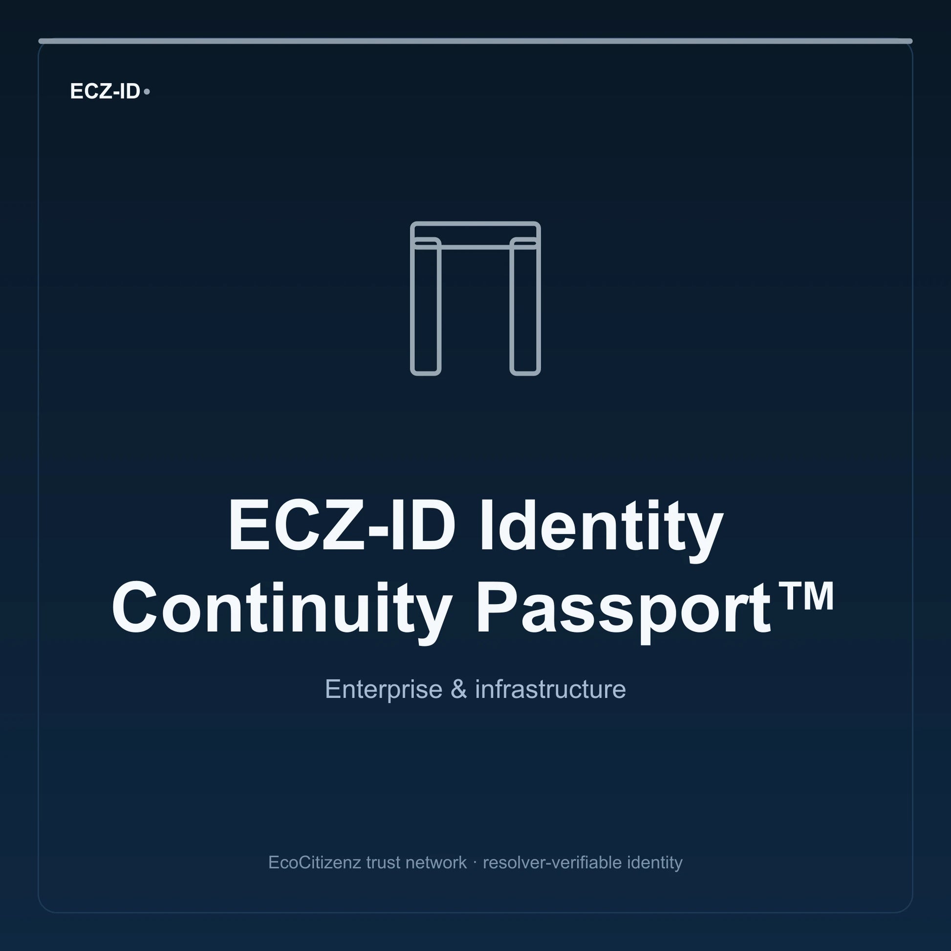 ECZ-ID product image for “ECZ-ID Identity Continuity Passport™” (SKU ECZ-CHILD-IDENTITY-CONTINUITY). Enterprise & infrastructure. Shows the ECZ-ID wordmark and an abstract enterprise corridor family symbol on a dark EcoCitizenz background.